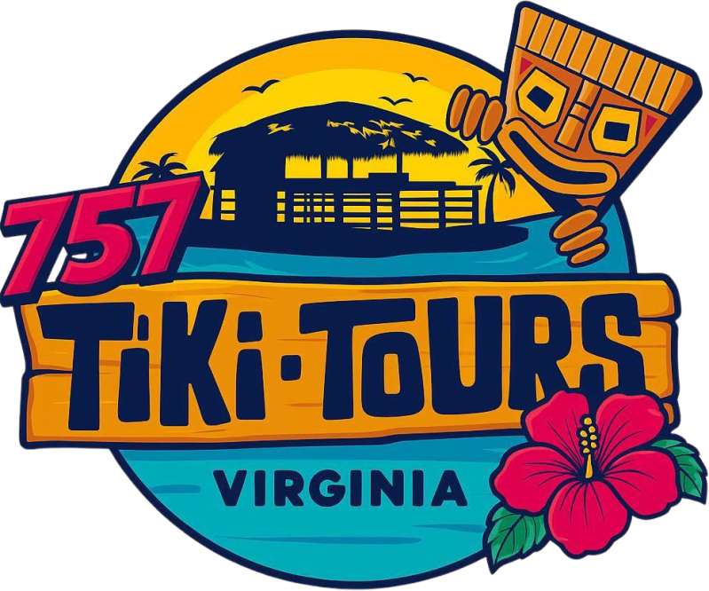 Tiki Tours logo with tiki face, sunset, and Virginia text.