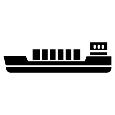 Silhouette of a cargo ship with containers on deck.
