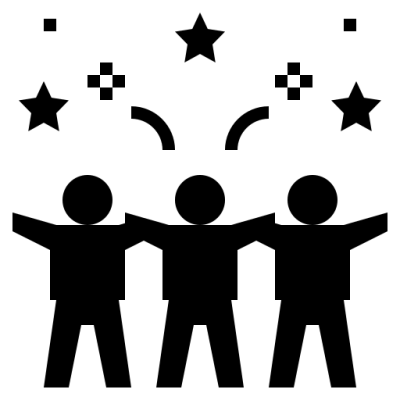 Three stick figures celebrate under stars and confetti.